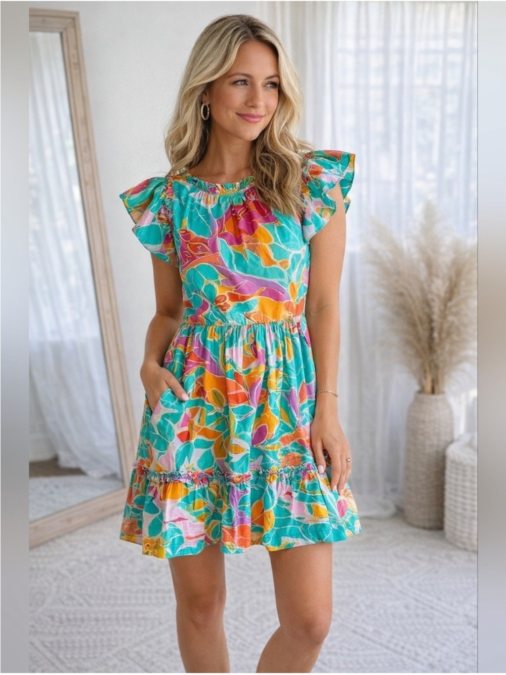 House of HarloVibrant Tropical Print Ruffle Sleeve Mini Dress - Teal, Pink, Oran